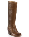 Tall western-inspired leather boots with rugged character and attitude.