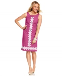 Lacy appliques on bright textured fabric is right on-trend this season. Get the look in Charter Club's feminine sheath dress! Lacy appliques on bright textured fabric is right on-trend this season. Get the look in Charter Club's feminine sheath dress!