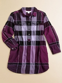 A bold check pattern and button-flap chest pockets complete this timeless woven cotton shirt dress.Pattern variesSpread collarLong sleeves with button-tab roll cuffsButton-frontButton flap chest pocketsShirttail hemCotton/nylon/elastaneMachine washImported