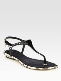 Patent leather sandal has satin lining, an adjustable slingback and snake-print leather trim. Patent leather and snake-print leather upperSatin liningLeather solePadded insoleImported Patent leather sandal has satin lining, an adjustable slingback and snake-print leather trim. Patent leather and snake-print leather upperSatin liningLeather solePadded insoleImported