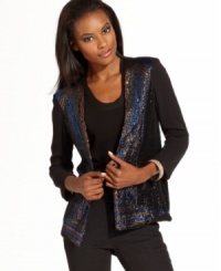 Allover geometric sequins add modern edge to this French Connection blazer for high-shine fall style! Allover geometric sequins add modern edge to this French Connection blazer for high-shine fall style!