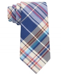 Lighten up the mood with this fun madras skinny tie from Tommy Hilfiger. Lighten up the mood with this fun madras skinny tie from Tommy Hilfiger.