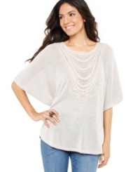 A slouchy-chic sweater from Style&co. gets a unique update with a crochet applique necklace in the front! Perfect for a pulled-together weekend look. (Clearance) A slouchy-chic sweater from Style&co. gets a unique update with a crochet applique necklace in the front! Perfect for a pulled-together weekend look. (Clearance)
