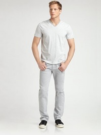 Subtle stripes and a timeless v-neck define this soft cotton basic. V-neckShort sleevesCottonMachine washImported