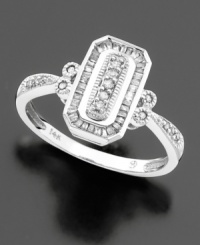 An art-deco style ring with lots of sparkle. Baguette-cut and round-cut diamonds (1/5 ct. t.w.) are set in 14k white gold. An art-deco style ring with lots of sparkle. Baguette-cut and round-cut diamonds (1/5 ct. t.w.) are set in 14k white gold.