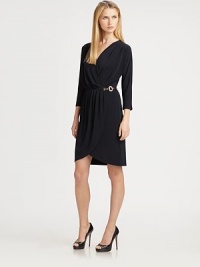 Designed to create the most enviable silhouettes around, this faux-wrap design features pleated/gathered details and a waist-defining belt.V-necklineThree-quarter sleevesGathered, belted silhouettePleated, faux-wrap frontTulip skirtPull-on styleAbout 22 from natural waist94% polyester/6% spandexMachine washImported Model shown is 5'10½ (179cm) wearing US size Small. Designed to create the most enviable silhouettes around, this faux-wrap design features pleated/gathered details and a waist-defining belt.V-necklineThree-quarter sleevesGathered, belted silhouettePleated, faux-wrap frontTulip skirtPull-on styleAbout 22 from natural waist94% polyester/6% spandexMachine washImported Model shown is 5'10½ (179cm) wearing US size Small.