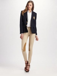 Crafted with traditional equestrian styling, this iconic silhouette features supple suede patches and snapped hems, all rendered in a stretch cotton twill.Low-rise belted waist with a charm accent Angled zip-pockets at hims Slim hip with shaping seams for a contoured fit Suede knee patches Snap tabs at hem Inseam, about 26 92% cotton/8% elastane Dry clean by suede specialist Imported Crafted with traditional equestrian styling, this iconic silhouette features supple suede patches and snapped hems, all rendered in a stretch cotton twill.Low-rise belted waist with a charm accent Angled zip-pockets at hims Slim hip with shaping seams for a contoured fit Suede knee patches Snap tabs at hem Inseam, about 26 92% cotton/8% elastane Dry clean by suede specialist Imported