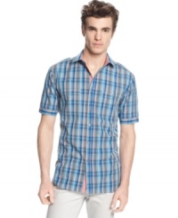 Redefine your weekend wardrobe with this cool plaid shirt from Alfani RED. Redefine your weekend wardrobe with this cool plaid shirt from Alfani RED.