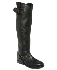 Betsey Johnson's Leigh harness riding boots are tall and lean with harness detail at the ankle and a buckle detail on the shaft. Betsey Johnson's Leigh harness riding boots are tall and lean with harness detail at the ankle and a buckle detail on the shaft.