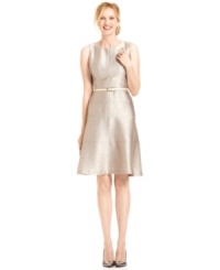 Anne Klein makes a belted A-line party-ready with a shimmering, textured metallic finish. Anne Klein makes a belted A-line party-ready with a shimmering, textured metallic finish.