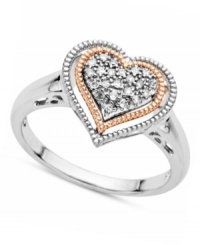 An instant love affair. This sterling silver and 14k rose gold heart ring adds single cut diamonds (1/10 ct. t.w.) for a lustrous effect. Approximate band width: 1/5 inch.