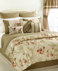 Jacquard woven flowers and vines wind across this Aubrey comforter set, featuring a golden palette that brings to mind feelings of an utterly inviting retreat. This comprehensive set has all the elements needed for a new look including window treatments and ornately beautiful decorative pillows. Jacquard woven flowers and vines wind across this Aubrey comforter set, featuring a golden palette that brings to mind feelings of an utterly inviting retreat. This comprehensive set has all the elements needed for a new look including window treatments and ornately beautiful decorative pillows.