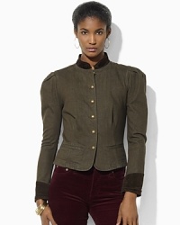 The quintessential denim jacket gets a military-inspired update in a olive-hued wash with corduroy trim. The quintessential denim jacket gets a military-inspired update in a olive-hued wash with corduroy trim.