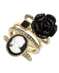 A cameo makes an appearance on this stackable ring from City by City. Crafted from gold-tone mixed metal, the ring also features a jet-colored rose and square stone for stylish touches. Size 6, 7, 8 and 9. A cameo makes an appearance on this stackable ring from City by City. Crafted from gold-tone mixed metal, the ring also features a jet-colored rose and square stone for stylish touches. Size 6, 7, 8 and 9.