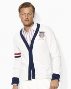 Ralph Lauren's Weathered Fleece Cardigan embraces stories of vintage athletics and perennial patriotism through the use of red and blue stripes and a regal USA patch.