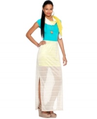 A neon underlay adds irreverent appeal to this sheer striped Bar III chiffon maxi skirt -- a spring must-have! A neon underlay adds irreverent appeal to this sheer striped Bar III chiffon maxi skirt -- a spring must-have!