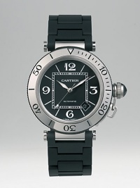 Pasha® features a stainless steel 40.5mm case with rubber-covered stainless steel bracelet. Automatic movement Water-resistant to 330 feet Rotating diving bezel Sapphire crystal Steel screw-down crown with ceramic clou de Paris Varnished matte black dial Date display Made in Switzerland Pasha® features a stainless steel 40.5mm case with rubber-covered stainless steel bracelet. Automatic movement Water-resistant to 330 feet Rotating diving bezel Sapphire crystal Steel screw-down crown with ceramic clou de Paris Varnished matte black dial Date display Made in Switzerland