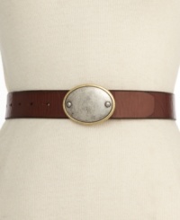 Add vintage appeal to your already chic look with this plaque-topped leather belt from Fossil. Team them up with some high boots for a kickin' look. Add vintage appeal to your already chic look with this plaque-topped leather belt from Fossil. Team them up with some high boots for a kickin' look.