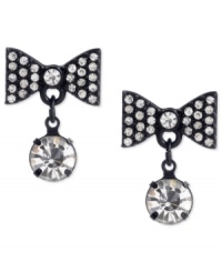 Black tie flair. This pair of drop earrings from Betsey Johnson is crafted from black-plated mixed metal with glass crystal accents and a stone adding a whimsical touch to any formal occasion. Approximate drop: 1 inch. Black tie flair. This pair of drop earrings from Betsey Johnson is crafted from black-plated mixed metal with glass crystal accents and a stone adding a whimsical touch to any formal occasion. Approximate drop: 1 inch.