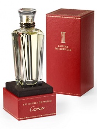 This is the moment of silence ... you can hear it breathing, prowling like desire ... a time for yourself, to listen to your own pulse, to escape and savour L'Heure Mystérieuse, sensual and mystic, with a backdrop of incense, jasmine and patchouli. 2.5 oz. L'Heure Mystérieuse, an invitation to secrets, a scent to be whispered. Mathilde Laurent, Perfumer of the Maison Cartier. This is the moment of silence ... you can hear it breathing, prowling like desire ... a time for yourself, to listen to your own pulse, to escape and savour L'Heure Mystérieuse, sensual and mystic, with a backdrop of incense, jasmine and patchouli. 2.5 oz. L'Heure Mystérieuse, an invitation to secrets, a scent to be whispered. Mathilde Laurent, Perfumer of the Maison Cartier.