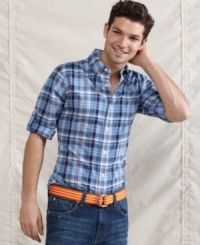 Slim down for summer. Take a little off your look with this trim plaid shirt from Tommy Hilfiger. Slim down for summer. Take a little off your look with this trim plaid shirt from Tommy Hilfiger.