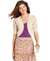 Refresh summer-ready ensembles with Ellen Tracy's knit shrug. Made from 100% cotton in pointelle knit, it's a lightweight must-have with dresses and skirts! Refresh summer-ready ensembles with Ellen Tracy's knit shrug. Made from 100% cotton in pointelle knit, it's a lightweight must-have with dresses and skirts!