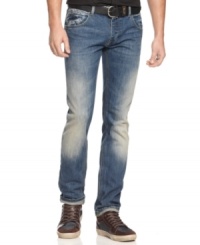 Denim distressed in just the right places: Slim fit, low-rise jeans from Armani Jeans with tapered leg and classic five-pocket styling. Denim distressed in just the right places: Slim fit, low-rise jeans from Armani Jeans with tapered leg and classic five-pocket styling.