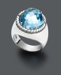 Get ready for an evening of cocktails and conversation. This stylish statement ring adds a subtle splash of color with an oval-cut blue topaz (11-8/10 ct. t.w.) set in polished sterling silver with an intricate rope edging. Size 7.