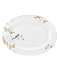 Abuzz with hummingbirds, the airy and bright Nectar oval platter brings the outdoors in. Versatile bone china formed in Spode's impressions shape with a crisp white glaze complements serene country settings. Abuzz with hummingbirds, the airy and bright Nectar oval platter brings the outdoors in. Versatile bone china formed in Spode's impressions shape with a crisp white glaze complements serene country settings.