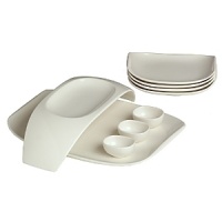 Nine piece set includes: one 14 gourmet plate, one 13.75 bridge bowl, three 2.75 dip bowls, four appetizer plates. Nine piece set includes: one 14 gourmet plate, one 13.75 bridge bowl, three 2.75 dip bowls, four appetizer plates.