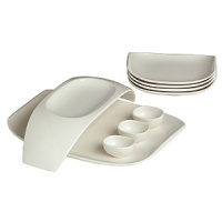 Nine piece set includes: one 14 gourmet plate, one 13.75 bridge bowl, three 2.75 dip bowls, four appetizer plates.