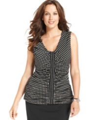 Get spotted in Alfani's sleeveless plus size top, featuring a polka-dot print. Get spotted in Alfani's sleeveless plus size top, featuring a polka-dot print.