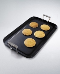 Cook up a breakfast feast with this double burner griddle by All-Clad, the undisputed choice among 4-star chefs. Aluminum core with a hard-anondized surface and nonstick coating allows food to cook evenly and slide right onto plates. Features 2 easy-pour spouts for draining grease and fat. 13 x 20. UL listed. Cook up a breakfast feast with this double burner griddle by All-Clad, the undisputed choice among 4-star chefs. Aluminum core with a hard-anondized surface and nonstick coating allows food to cook evenly and slide right onto plates. Features 2 easy-pour spouts for draining grease and fat. 13 x 20. UL listed.