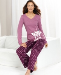 Toast to the comfortable style of Hue's Cheers Knit top and pajama pants set. Featuring a cheers graphic with rhinestone accents up top and polka dotted-pants down below. Toast to the comfortable style of Hue's Cheers Knit top and pajama pants set. Featuring a cheers graphic with rhinestone accents up top and polka dotted-pants down below.