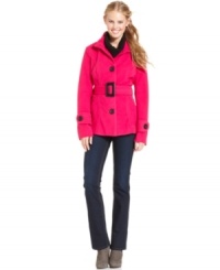 Brave the cooling temps in vibrant style with Jou Jou's belted, stand collar coat. Flaunts a floral-print lining and cool magenta hue. Brave the cooling temps in vibrant style with Jou Jou's belted, stand collar coat. Flaunts a floral-print lining and cool magenta hue.