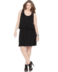 Land a cool look this spring with DKNY Jeans' sleeveless plus size dress, accented by a sheer yoke and drawstring waist. Land a cool look this spring with DKNY Jeans' sleeveless plus size dress, accented by a sheer yoke and drawstring waist.