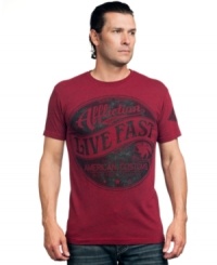 Only one speed. Rock this t-shirt from Affliction for style that doesn't slow down. Only one speed. Rock this t-shirt from Affliction for style that doesn't slow down.