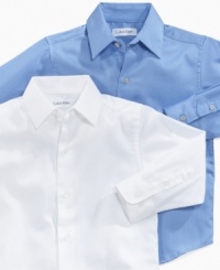 A polished, dressed-up look for the modern young man: Calvin Klein's cotton sateen shirt. A polished, dressed-up look for the modern young man: Calvin Klein's cotton sateen shirt.