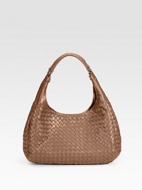 Soft and slouchy in woven leather with gunmetal hardware. Double shoulder straps, with 8 drop Inside buckle strap and hidden magnetic closure Inside pockets: One zip and one for your phone Suede lining 14½W X 8H X 4½D Made in Italy Soft and slouchy in woven leather with gunmetal hardware. Double shoulder straps, with 8 drop Inside buckle strap and hidden magnetic closure Inside pockets: One zip and one for your phone Suede lining 14½W X 8H X 4½D Made in Italy