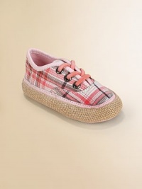 This bright plaid design has a lace-up look but slips on with ease, plus rustic espadrille-look trim.Cotton canvas upperFaux lace-up front with elastic lacesLeather liningLeather sole with jute trimImported