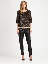 Structured crewneck in a forever-new leopard print with three-quarter sleeves, an exposed back zipper and a plush finish. CrewneckThree-quarter sleevesExposed back zipperFully lined60% polyester/40% woolDry cleanImportedModel shown is 5'10 (177cm) wearing US size 0. Structured crewneck in a forever-new leopard print with three-quarter sleeves, an exposed back zipper and a plush finish. CrewneckThree-quarter sleevesExposed back zipperFully lined60% polyester/40% woolDry cleanImportedModel shown is 5'10 (177cm) wearing US size 0.
