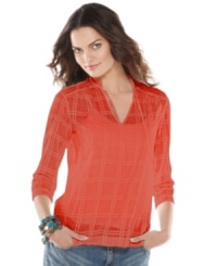 Semi-sheer fabric with a tonal plaid print makes an ethereal impression on this peasant-style top from Tommy Hilfiger. Semi-sheer fabric with a tonal plaid print makes an ethereal impression on this peasant-style top from Tommy Hilfiger.