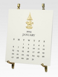 The perfect calendar for the well-dressed desk. Each month features an image from our distinguished collection, hand-engraved in gold metallic ink. Includes 12 calendar cards and a classic nineteenth century-inspired brass table easel.4.75 X 5.5Hand-engravedMade in USA The perfect calendar for the well-dressed desk. Each month features an image from our distinguished collection, hand-engraved in gold metallic ink. Includes 12 calendar cards and a classic nineteenth century-inspired brass table easel.4.75 X 5.5Hand-engravedMade in USA