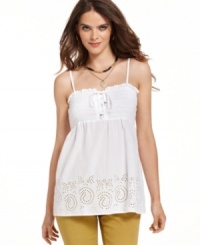 Heat up the season in this DKNY Jeans breezy babydoll top. Made from 100% cotton with eyelet embroidery, it's a sweet match with colored jeans! Heat up the season in this DKNY Jeans breezy babydoll top. Made from 100% cotton with eyelet embroidery, it's a sweet match with colored jeans!