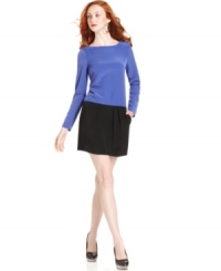 A deep V-backline and buttons add eye-catching appeal to this seemingly sedate BCBGeneration colorblocked dress -- perfect for a desk-to-dinner look! A deep V-backline and buttons add eye-catching appeal to this seemingly sedate BCBGeneration colorblocked dress -- perfect for a desk-to-dinner look!