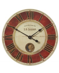 Keep fashionable time with S.B. Chieron wall clock by Uttermost. Details like internal pendulum, cast brass details and weathered, laminated clock face beautifully recall the romanticism of a bygone era. Keep fashionable time with S.B. Chieron wall clock by Uttermost. Details like internal pendulum, cast brass details and weathered, laminated clock face beautifully recall the romanticism of a bygone era.