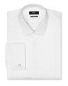 A slim fit tuxedo dress shirt with intricate pintuck detail in front. Covered placket except top button showing, tonal textured stripes. Small point collar. French cuffs.