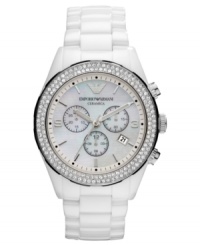 Style frozen in time: this pristine chronograph watch from Emporio Armani shines with stone accents. Style frozen in time: this pristine chronograph watch from Emporio Armani shines with stone accents.