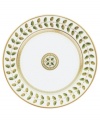 For any elegant holiday affair the Bernardaud Constance Dinnerware Collection makes for timeless presentation of your seasonal fare. Ornate design inspired by the Empire Period with gold outlined acorn and oak leaves that symbolize strength and longevity. A dash a sage rims each piece behind a golden laurel vine while touches of red with gold trim further complement the pattern.