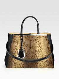 Ultra-luxurious Astrakhan lamb in a colorblock style accented with patent leather trim and signature hardware.Double patent leather top handles, 5½ dropDetachable patent leather shoulder strap, 13¼ dropSnap strap closureProtective metal feetOne zip and two open compartmentsTwo inside open pocketsFully lined14W X 10¾H X 6DMade in Italy Ultra-luxurious Astrakhan lamb in a colorblock style accented with patent leather trim and signature hardware.Double patent leather top handles, 5½ dropDetachable patent leather shoulder strap, 13¼ dropSnap strap closureProtective metal feetOne zip and two open compartmentsTwo inside open pocketsFully lined14W X 10¾H X 6DMade in Italy